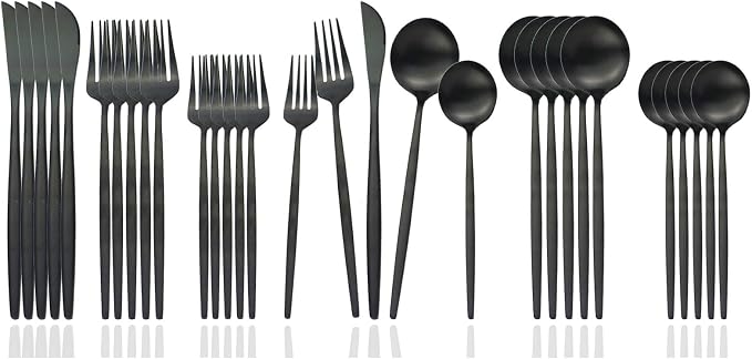 JASHII Flatware Silverware Set Stainless Steel Satin Finish Cutlery Set Service for 6, 30-Piece Spoons And Forks Kitchen Utensil Set, Dishwasher Safe (Matte Black)