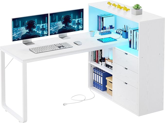 YITAHOME L Shaped Desk with Power Outlets & LED Lights & File Cabinet, 55" Corner Computer Desk with 3 Drawers & 3 Storage Shelves, Home Office Desk with Bookshelf, White
