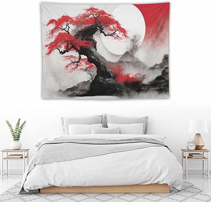 Cherry Blossoms Tapestry, Japanese Red Landscape Asian Abstract Art, Bedroom Living Room Decor 40"x30"