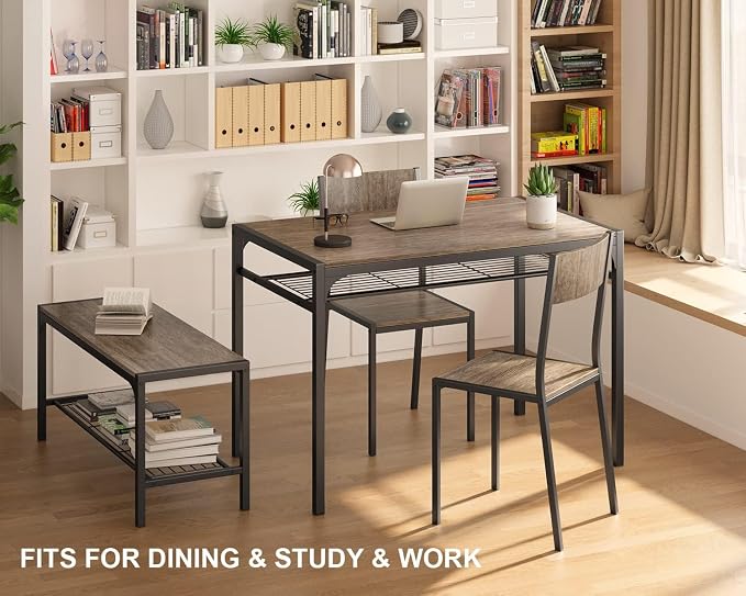 Gizoon 4-Piece Dining Table Set for 4, Kitchen Table with Bench Grey | Space-saving grey 4-piece dinette set with metal storage rack. Includes 2 ergonomic chairs and 1 bench. Easy to clean.