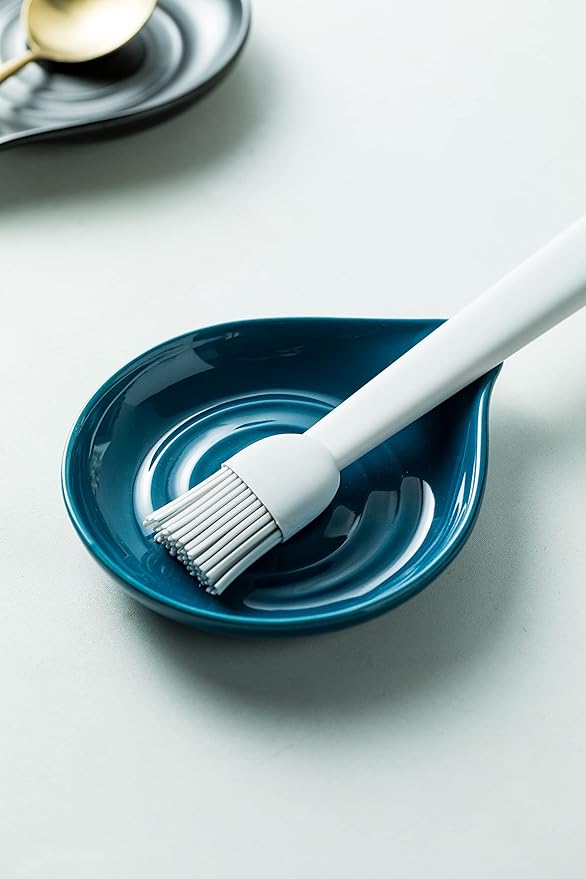 Spoon Holder, Ceramic Spoon Rest for Kitchen Counter Farmhouse Cooking, Large Utensil Rest for Spoons, Ladles, Tongs, Spatula, 5 Inches (Blue)