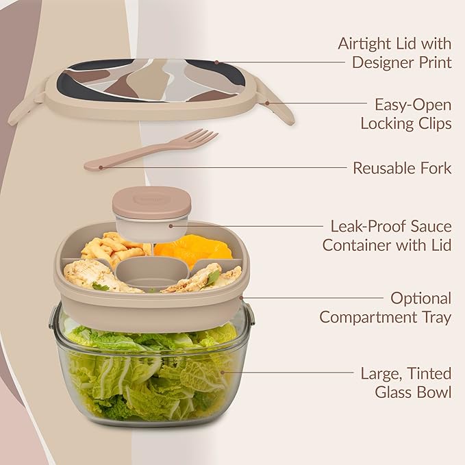 Bentgo Glass Prints All-in-One Salad Container - 61oz Tinted Glass Salad Bowl with Lid, Bento-Style Tray, Sauce Container, & Reusable Fork - Dishwasher & Microwave Safe (Inky Abstract - Neutrals)