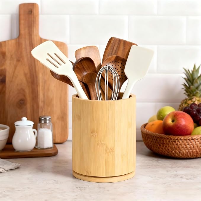 Bamboo Wood Utensil Holder, 360° Rotating 7.3 in Kitchen Organizer | Rustic farmhouse countertop decor. 360° rotating base holds spatulas, ladles, tongs, and cooking tools. Natural bamboo wood.