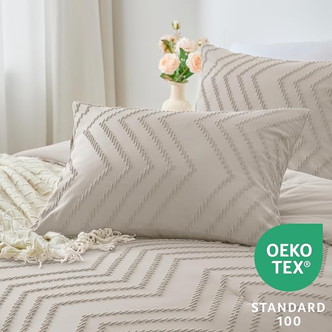 CozyLux King Size Comforter Set Beige - 3 Pieces Boho Tufted Shabby Chic Bedding Comforter Set for All Seasons, Chevron Bedding Sets with Comforter & 2 Pillow Shams