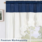 Likiyol Linen Valances for Windows Farmhouse Ruffle Swag Valance Rustic Country Window Valances Light Filtering Kitchen Curtains Rod Pocket Valance Curtains for Bathroom, Navy Blue White, 60"W x 36"L