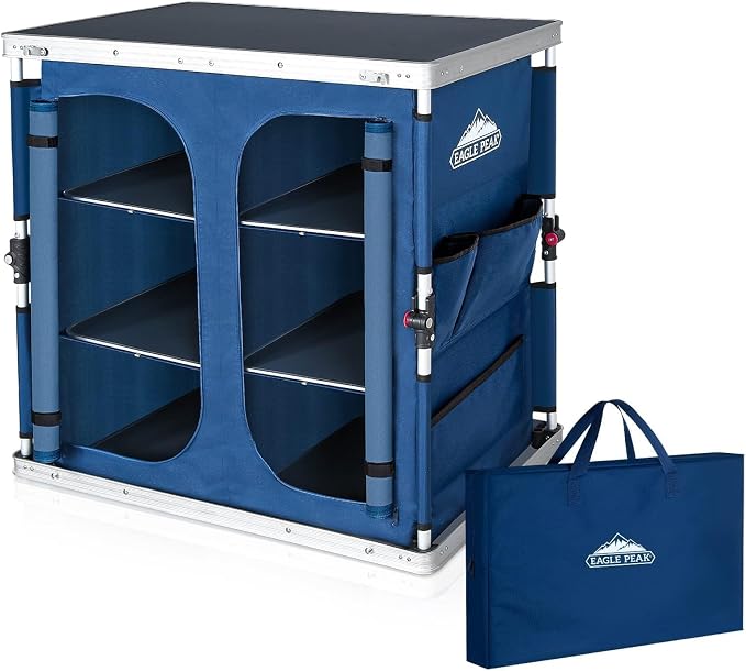 EAGLE PEAK Double Folding Camping Table with Storage Organizer and Side Pockets, Portable Outdoor Portable Camping Table for BBQ, Picnic and Tailgating, Carry Bag Included, Blue