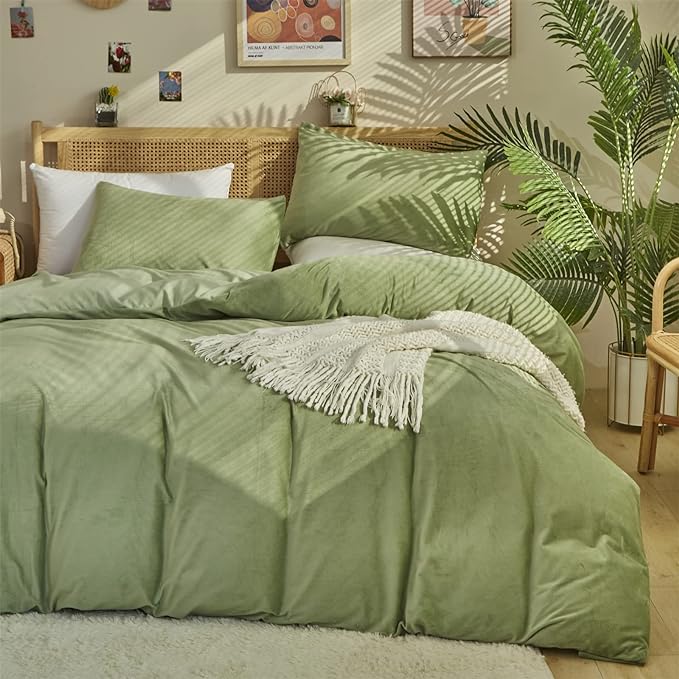 Sage Velvet Comforter Sets Solid Sage Green Flannel Bedding Set 3 Pieces Comforter Set Twin Size Sage Green Velvet Blanket Warm Winter Bedding Set(Sage Velvet, Twin(68'' 90''))