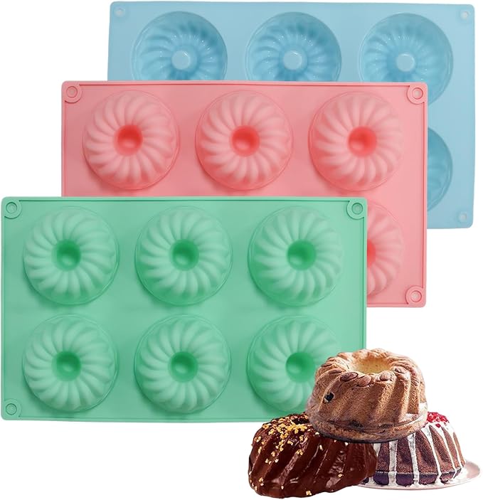 3 Pcs Mini Fluted Tube Cake Pan, 6-Cavity Silicone Non-Stick Small Cake Baking Mold for Cupcakes Cornbread Brownies Donuts Jello(Style4)