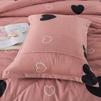 Love Pattern Girls Pink Comforter Set King Size, Cameo Brown Cute Love Heart Sexy Comforter Bedding Set for All Seasons, Soft Microfiber 3 Pieces Comforter Set with Pillowcases