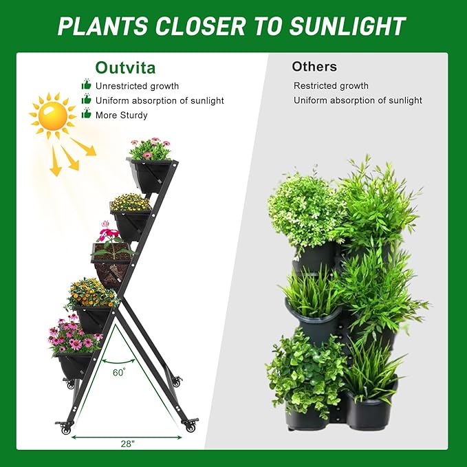 Outvita 4.4 FT Vertical Garden Bed, 5 Tier Vertical Raised Planter, Removable Black Raised Bed Box with 4 Wheels, Movable Elevated Vegetable Flower Planter for Patio Yard Indoor Outdoor
