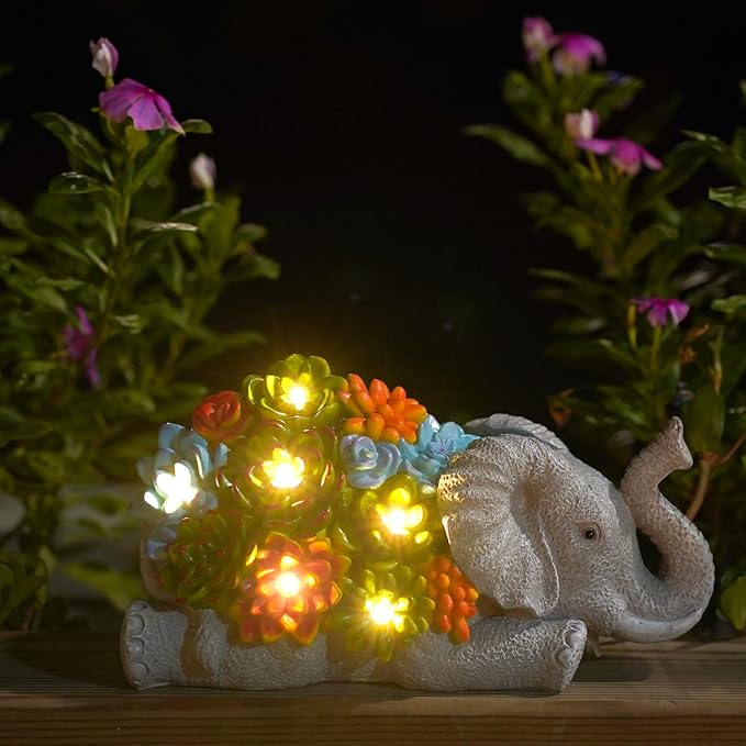 Nacome Elephant Statues with Succulent for Garden Decor: Solar Outdoor Clearance Outside Yard Art Porch Patio Balcony Front Lawn Ornaments –Birthday Gifts for Mom Grandma Women