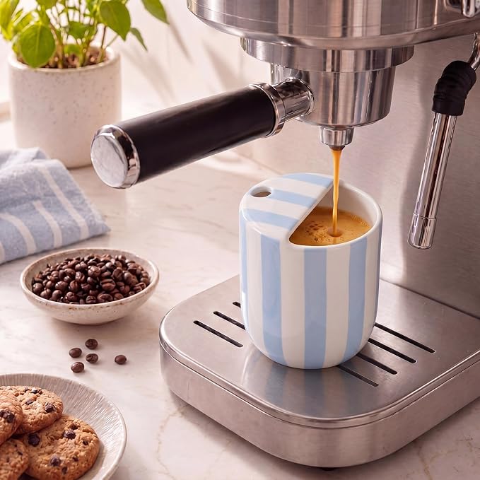 Ceramic Coffee Mug with Sip Hole 10 oz Retro Espresso Cup with Half Lid Hand Painted Blue Striped Porcelain Coffee Tea Cup for Kitchen Office Travel Tea Cappuccino Latte Daily Use Gift