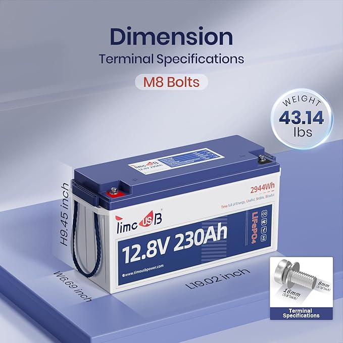 Timeusb 12V 230Ah LiFePO4 Lithium Battery, Built-in 150A BMS, Max. 1920W Power Output & 2944Wh Energy Lithium Battery, 15000 Cycles for Your RVs, Solar System, Off-Grid, Camper, etc