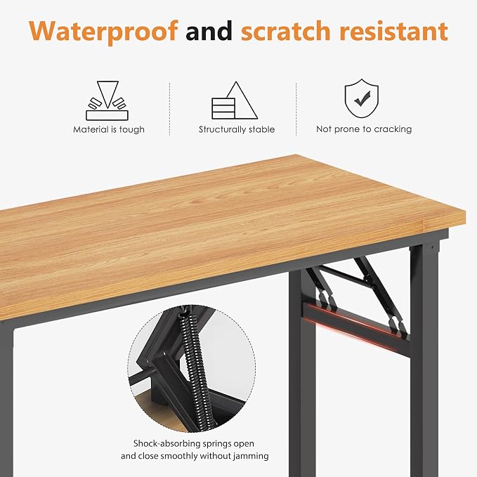 DlandHome 31.5 Inch Small Folding Computer Desk for Home Office, Teak Black | Foldable Writing Table for Small Spaces Bedroom, No Assembly Required, Wood Top Metal Frame, Collapsible Compact Easy Storage