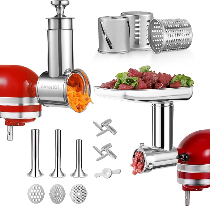 Durable Meat Grinder & Slicer Shredder Attachments Set for Kitchenaid Mixers,Dishwasher Safe Stainless Steel Packs with Cheese Grater & Sausage Stuffer Accessories