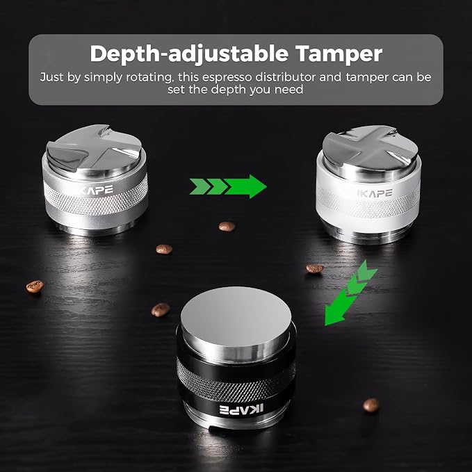 IKAPE Coffee Products, 53mm Coffee Distributor & Hand Tamper, Adjustable Depth Espresso Distributor Fits All 53mm Espresso Portafilter, Compatible with 54MM Breville Bottomless Portafilter (Silver)