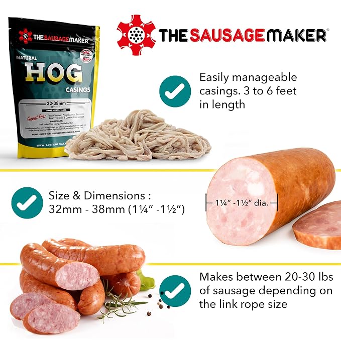The Sausage Maker® Natural Hog Sausage Casings 32-38mm, Edible Casing For Sausage Making, Stuff Over 25 Lbs Meat, Breakfast, Italian, Polish, Bratwurst, Hot Dog, Pork Links, 1.2-1.5" Dia, Home Pack-1