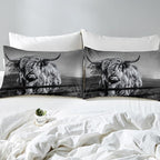 Highland Cow Bedding Set Twin Size Grey Bull Cattle Comforter Set Funny Farmhouse Wildlife Animal Duvet Set for Kids Boys Girls Teens Western Cowboy Style Down Comforter Adult Bedroom Decor