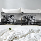 Highland Cow Bedding Set Queen Size Grey Bull Cattle Comforter Set Funny Farmhouse Wildlife Animal Duvet Set for Kids Boys Girls Teens Western Cowboy Style Down Comforter Adult Bedroom Decor