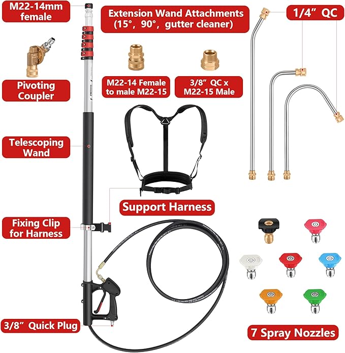 24 FT Gutter Cleaning Tools from The Ground - Telescoping Pressure Washer Wand - Gutter Cleaner Attachment with Power Washer Extension Wands, 7 Spray Nozzle Tips, 3 Hose Adapters and Support Belt