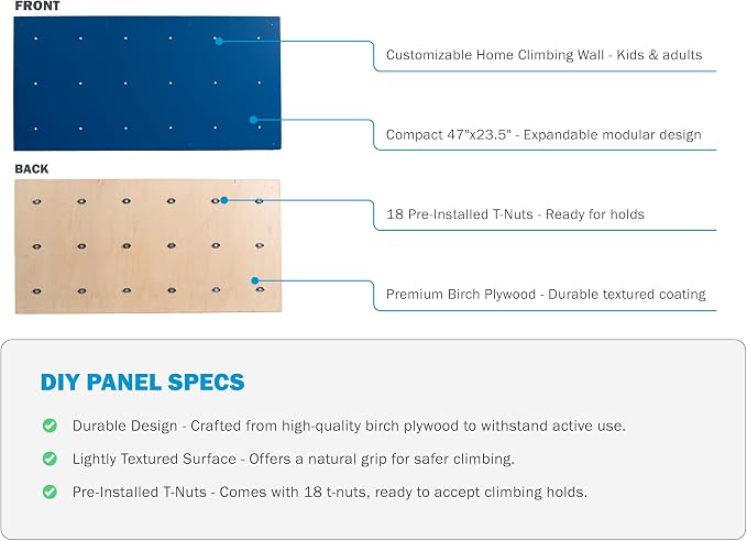 DIY Climbing Wall Panel – 47" x 23.5" Birch Plywood, Pre-Drilled T-Nuts, Textured & Paintable Surface – Indoor Home Gym & Kids Playroom Rock Wall Panel (Climbing Holds Not Included) (Stone)