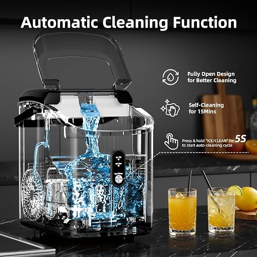 Nugget Countertop Ice Maker with Soft Chewable Pellet Ice, Automatic 34Lbs/24H,Pebble Portable Ice Machine with Ice Scoop, Self-Cleaning, One-Click Operation, for Kitchen,Office, Bar(Highlight Black)