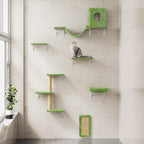 12-in-1 Cat Wall Shelves, Luxury Wall-Mounted Cat Climber Set with Condos House, Scratching Post, Bridge Ladder, Indoor Space-Saving Furniture for Kittens, Green