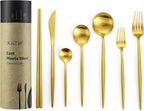 KiiZYs Matte Gold Silverware Set Cutlery Set - 14-piece 18/10 Stainless Steel Flatware Utensil Set - Korean Chopsticks Fork Spoon Knife - Reusable Dishwasher Safe - Gift Box (Gold, Service for 2)