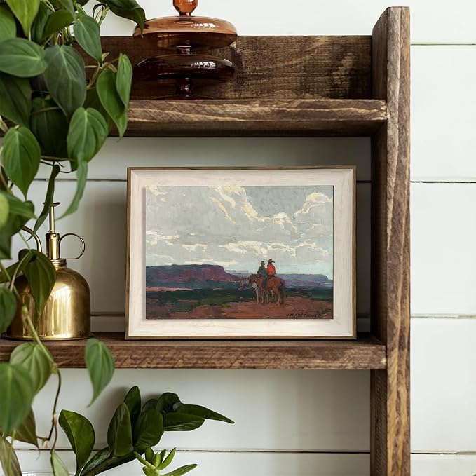 XOCUUI Western Cowboy Unframed Canvas Wall Art Vintage Print Oil Paintings, Horse Rider At Sunset Print Rustic Mountain Landscape Painting, Mid Century Antique Moody Retro Artwork Wall DéCor(8"X10")
