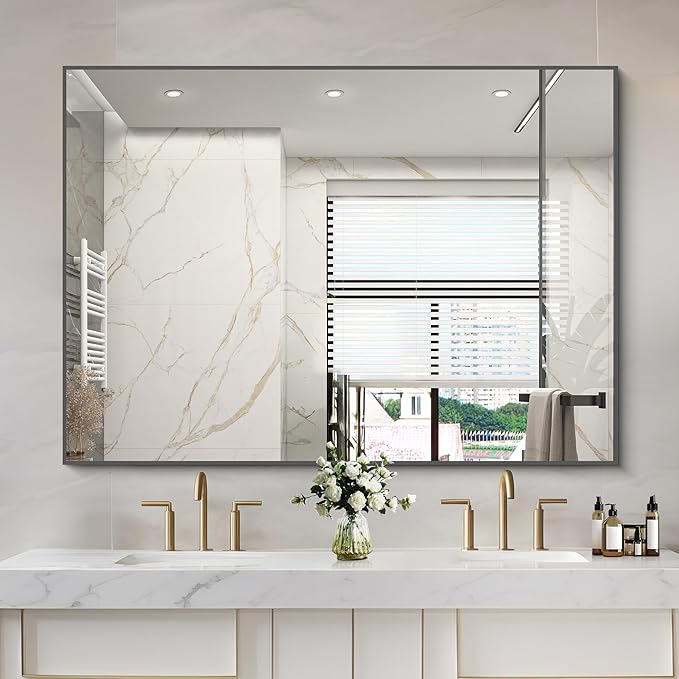 36x50inch Bathroom Mirror, Black Rectangle Mirrors with Thin Metal Frame, Large Rectangular Wall Mirror for Bathroom, Living Roomm, Hair Salon, Big Farmehouse Mirror Hang Horizontal/Vertical