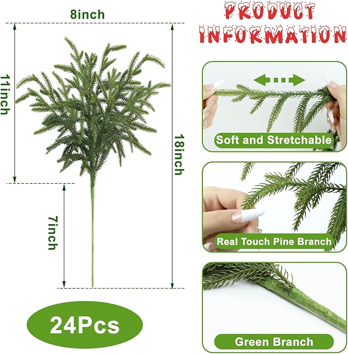Artgar 24 Pcs Pine Branches - 18 Inch Artificial Green Pine Stem - Real Touch Christmas Greenery Pines Branches for DIY Flower Arrangement Home Indoor Christmas Decor