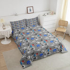 Gaming Bedding Comforters Gamer Comforter Set for Boys Kids Cartoon Gamepad Bedding Duvet Video Games Controller Home Decoration for All Season,1 Comforter Set + 2 Pillowcases, Full Size (Grey, White)