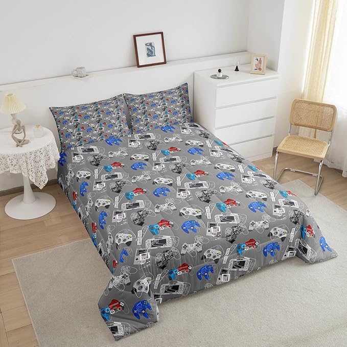 Gaming Bedding Comforters Gamer Comforter Set for Boys Kids Cartoon Gamepad Bedding Duvet Video Games Controller Home Decoration for All Season,1 Comforter Set + 2 Pillowcases, Full Size (Grey, White)