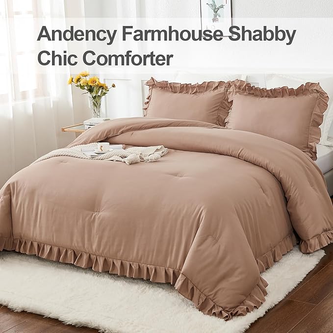 Andency Taupe Queen Comforter Set(90x90Inch), 3 Pieces(1 Ruffle Comforter and 2 Pillowcases) Solid Bedding Comforter Sets for Queen Bed, Lightweight and Fluffy Soft Microfiber Bedding Set