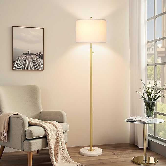 【Upgraded】Dimmable Gold Floor Lamps for Living Room, 11W LED Bulb Included, Modern Standing Lamp with Marble Base, Tall Pole Light with White Linen Shade for Bedroom Reading Office Corner Nursery