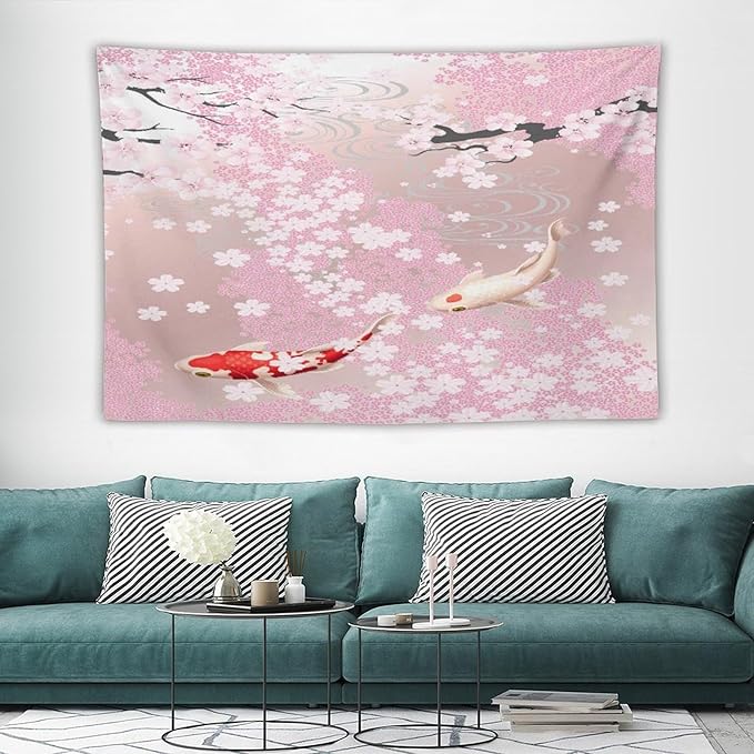 Houselerax Japanese Koi Fish Tapestry, Cherry Blossoms Asian Oriental Pink Flower Branch Koi Fish Carp Tapestries Wall Hanging for Bedroom Living Room Office Decor 90"x60"