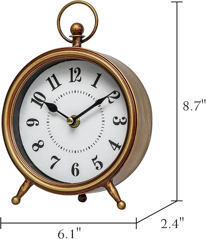 EMAX Home Vintage Small Table Clock on Stand,Desk and Shelf Clock Decorative Farmhouse Mantel Non-Ticking Clock Rustic Metal Frame with Antique Gold Finish 9.3 Inch…