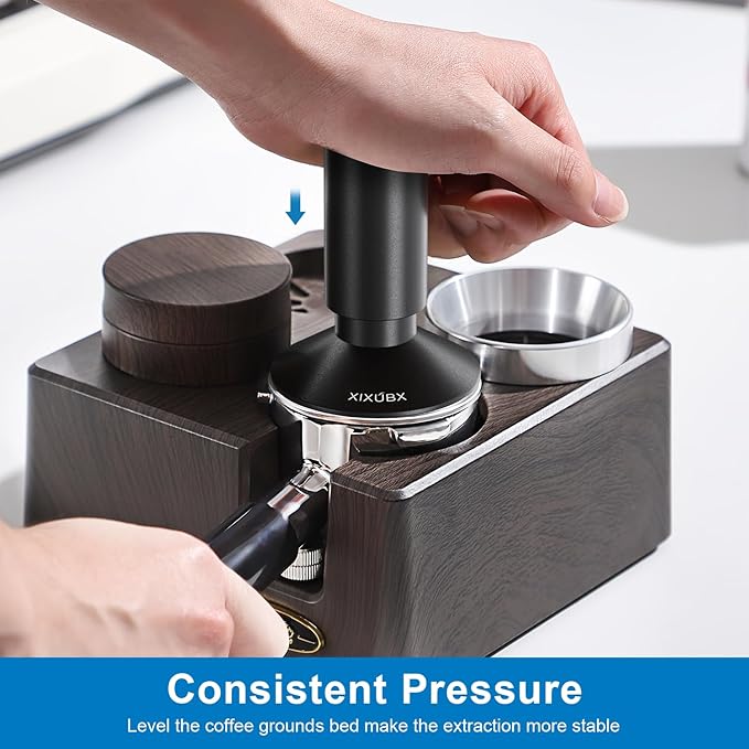 XIXUBX 2-in-1 Espresso Tamper & Magnetic WDT Tool, 53mm Spring Loaded Tamper with Anodized Aluminum Alloy Handle, Corrugated Base & Cover, Fits 53-54mm Portafilter Baskets for Espresso Machines