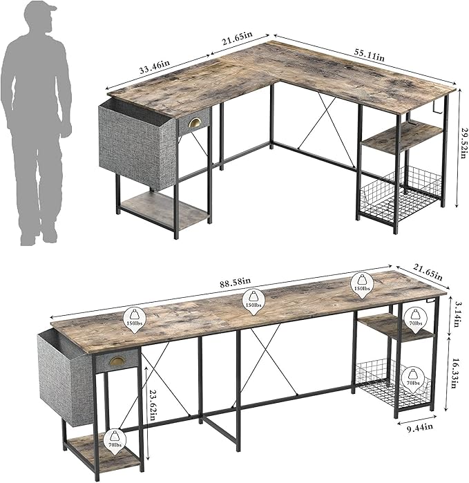 X-cosrack 2 Person Desk Large L-Shaped Computer Desk with Storage Shelves Drawer, Home Office Writing Corner Desk, Long Desk PC Laptop Workstation with Hooks Storage Bag Cable Hole