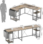 X-cosrack 2 Person Desk Large L-Shaped Computer Desk with Storage Shelves Drawer, Home Office Writing Corner Desk, Long Desk PC Laptop Workstation with Hooks Storage Bag Cable Hole