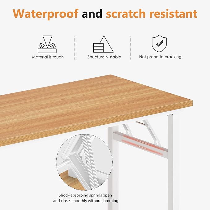 DlandHome 54.3 Inch Large Folding Computer Desk, Fully Assembled Teak White | Foldable Writing Table, Portable Activity Conference Table for Home Office, Wood Top Metal Frame, Collapsible Easy Storage