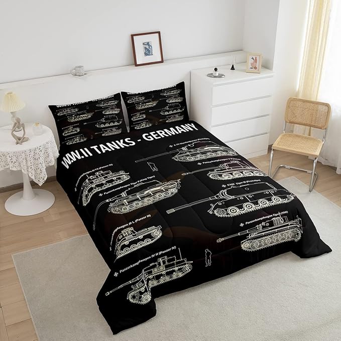 Tank Comforter Set Full, War Theme Bedding Set, Soldier Dirt Bike Camouflage Army Acting Down Comforter For Kid Boy Teen Men,Camo Vintage Style Quilt Set, Military Vehicle Duvet Set Room Decor