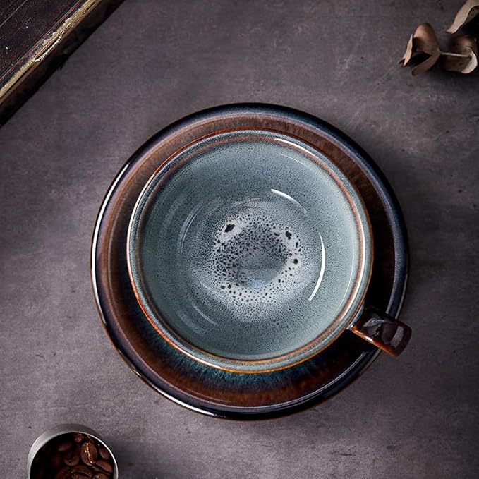 Coffeezone Vintage Design 12 oz Ceramic Latte Art Cappuccino Barista Cup with Saucer (Fog Grey)