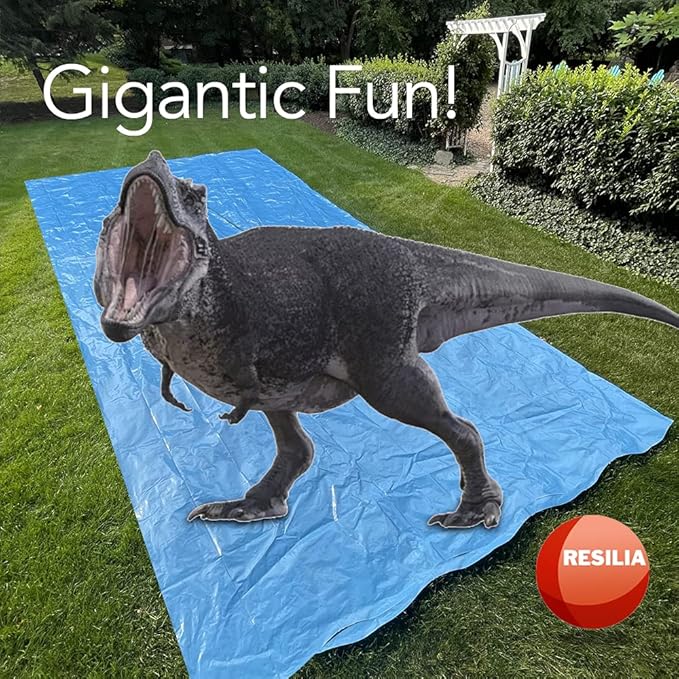 RESILIA - Super Slip Lawn Water Slide Jumbo, 50 Feet Long x 12 Feet Wide, for Adults and Teens, Powder Blue with Hold Steady Stakes, Made in The USA