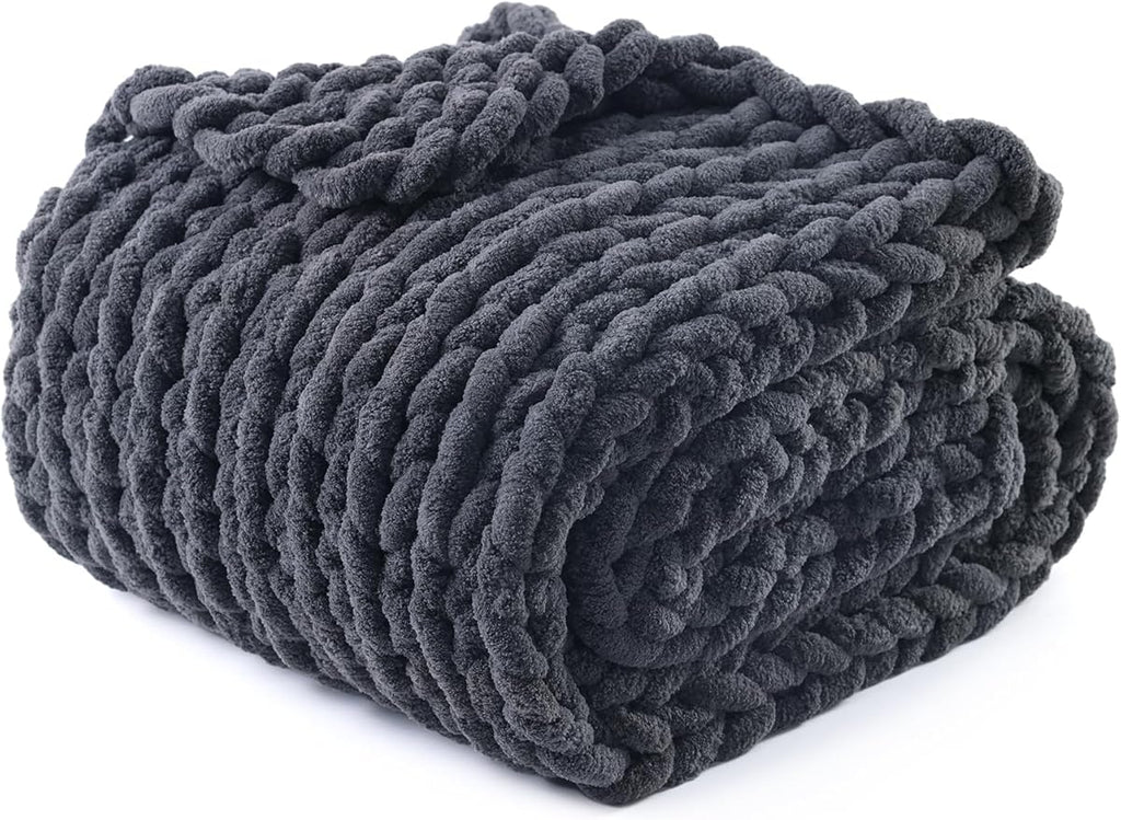 YnM Chunky Throw Blanket, Medium-Weight, Hand Knitted with Chenille Yarn, Skin Friendly, Ventilated and Breathable, Machine Washable, Home Décor Piece for Couch, Sofa and Bed (Lava Grey, 60x80 Inch)