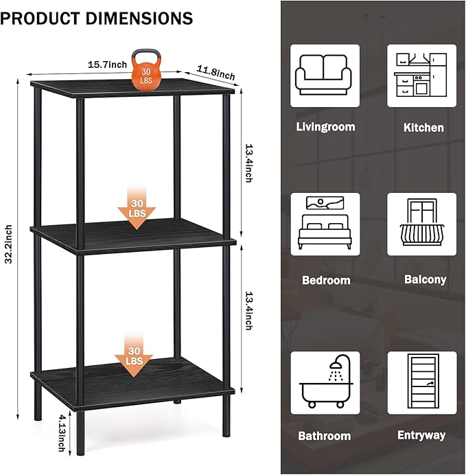 melos 3 Tier Bookshelf, Classically Tall Bookcase Shelf Storage Organizer, Modern Book Shelf for Bedroom, Living Room and Home Office, Black
