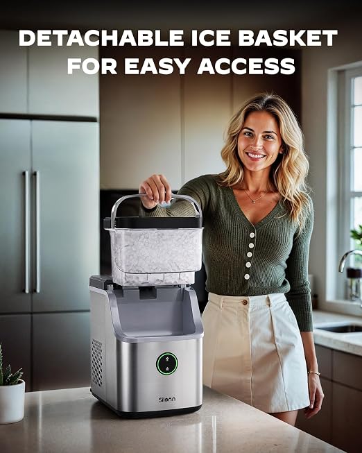Silonn Nugget Ice Maker Countertop, Ice Basket with Handle, Quiet Operation & Self Cleaning Ice Machine, Chewable Ice, 33 lbs/24H, Portable Pellet Ice Maker with Scoop for Home, Kitchen and Office