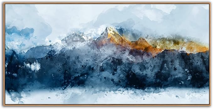 Framed Canvas Wall Art Indigo Abstract Mountain Pictures Wall Decor Blue Grey Orange Mountain Peaks Canvas Painting Prints Modern Abstract Artwork for Living Room Bedroom Decoration 24" x 48"