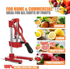 Commercial Heavy Duty Cast Iron Hand Press Manual Orange Citrus Lemon Lime Grapefruit Pomegranate Fruit Juice Squeezer Machine with Stainless Steel Cup Red