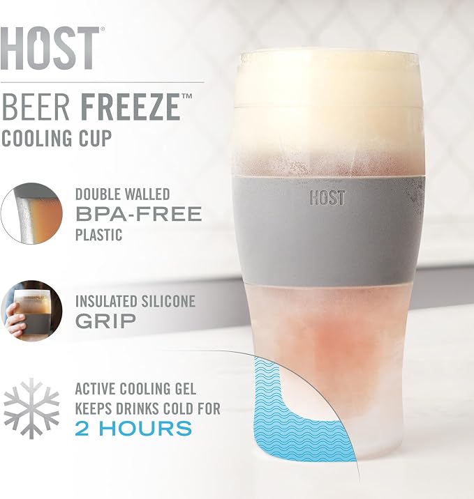 HOST Freeze Beer Glasses, 16 ounce Freezer Gel Chiller Double Wall Plastic Frozen Pint Glass, Set of 4, Black and Grey